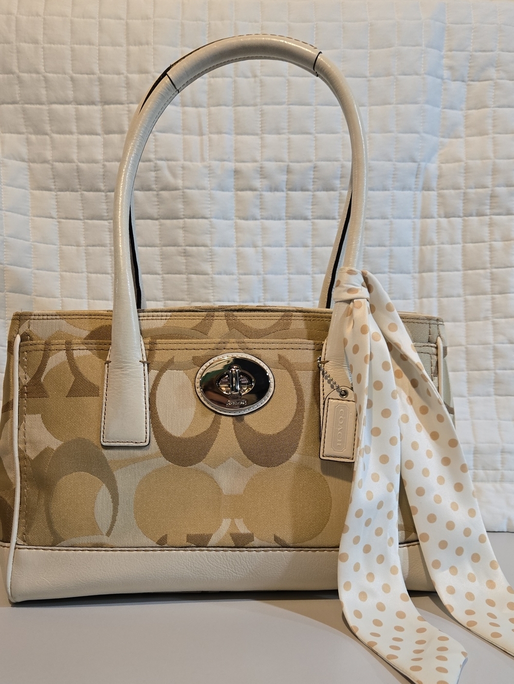 Coach Beige Signature Canvas Shoulder Tote with Cream Trim
